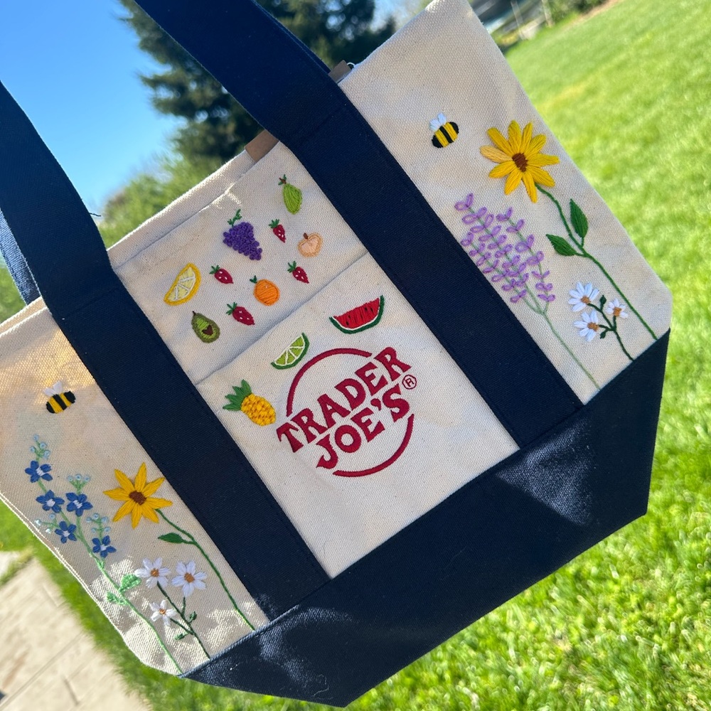 SOLD Trader Joe’s mini tote hand embroidered